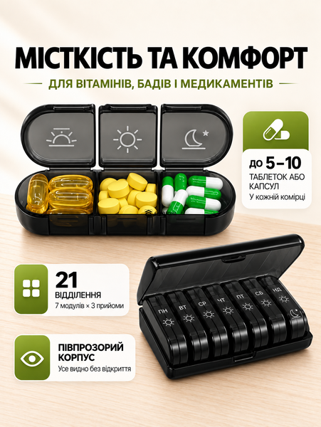 Органайзер для таблеток таблетниця українською на 7 днів  на 3 відділення чорний (TABL-BLACK-UKR) фото