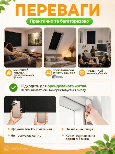 149х299 см - Штора самоклеюча світловідбиваюча Блекаут Чорна (TENT-149x299BL) фото