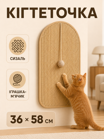 Кігтеточка дряпка для котів настінна сизалева з іграшкою-м&rsquo;ячиком 36&times;58 см, для стіни та меблів, бежева (KILIMGLUE-02BEIGE) фото