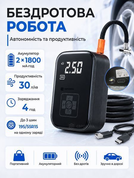 Портативний автокомпресор акумуляторний насос для автомобіля мотоцикла велосипеда (PUMP-01BL-UP) фото