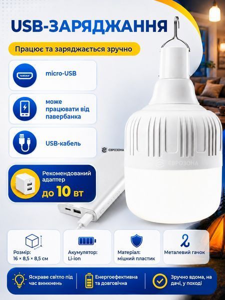 16х8.5х8.5 см - LED Лампа туристична кемпінгова cвітильник акумуляторний ліхтар нічник з підвісом (RE-KEMP-300W)  фото
