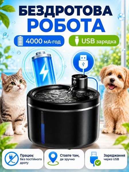 Автопоилка для кошек и собак беспроводная с датчиком движения 2.5 Л (WATER_DISP_BLACK3) фото