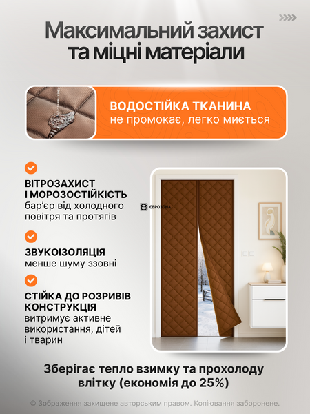 100х210 см Штора теплоизоляционная магнитная на дверь Коричневая (THERMAL-100x210BR) фото
