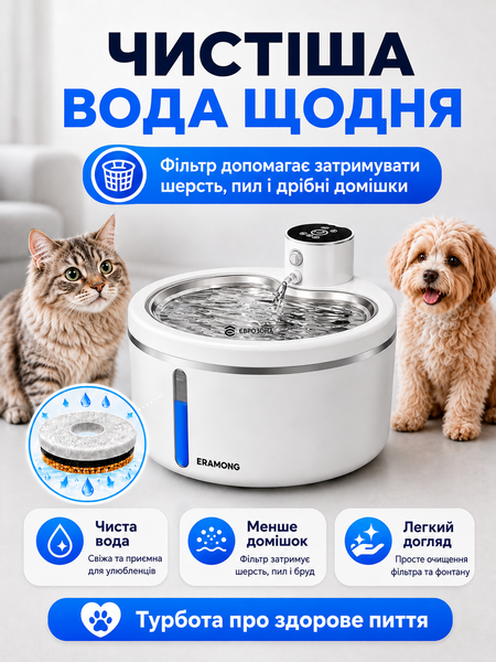 Автопоїлка для котів і собак бездротова з датчиком руху 2.5 Л (WATER_DISP_WHITE3) фото
