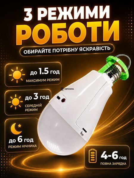 Акумуляторна LED лампочка E27 20W  &mdash; аварійна, автономна, переносна (LAMP-20W) фото