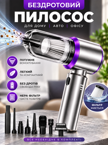 Автомобільний пилосос акумуляторний 6000 mAh бездротовий для авто (VACUUM-01) фото