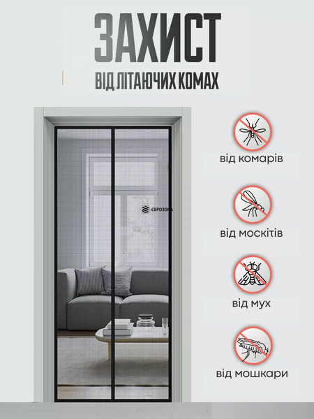 100х210 см -Антимоскітна сітка на двері від мух та комарів з прихованими магнітами 100х210 см Чорна (ANTIMOSKIT-100х210BL) фото