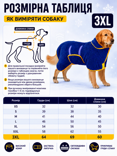 Флісовий светр для собак теплий зимовий одяг для великих собак 3XL синій (PET-3XLB) фото