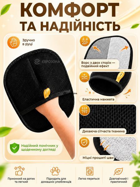 Рукавичка для видалення шерсті тварин із поверхонь 23х16.5 см Чорна  + Термометр-гігрометр кімнатний (GLOVEWOOL-23) фото