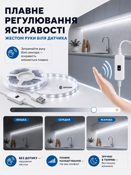 Світлодіодна LED стрічка з датчиком руху USB самоклеюча, холодне біле світло для кухні, шафи, сходів 10 м (LED-010M) фото