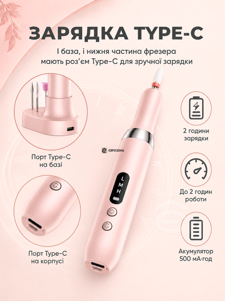 Акумуляторний фрезер для манікюру та педикюру 15 000 об/хв з підставкою та набором насадок, 3 швидкості, реверс, 500 мА&middot;год, рожевий (manic-P) фото