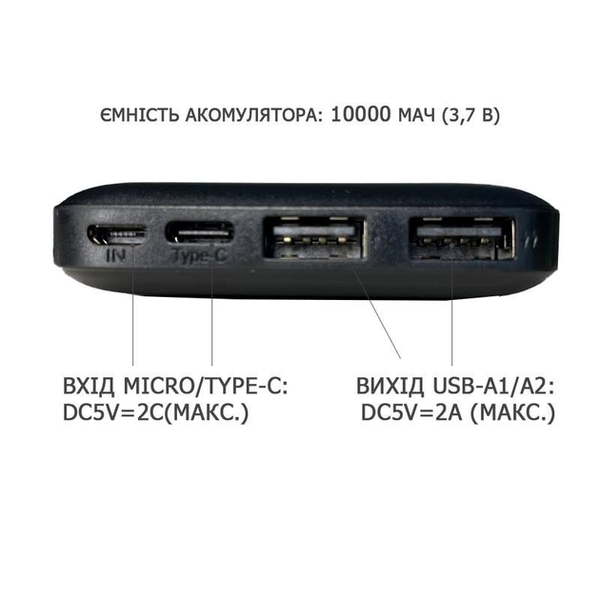 Портативний акумулятор Power Bank XO 10000mAh 2xUSB, 1xType-C, 1xMicro-USB Чорний (PB301) фото