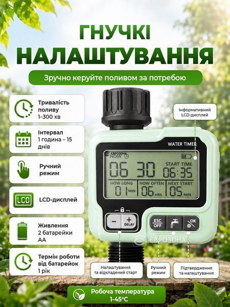 Автоматический таймер полива HCT-322 с LCD-дисплеем IPX5 для сада, газона, теплицы и капельного полива 3/4" (WATER-TIMER-01) фото