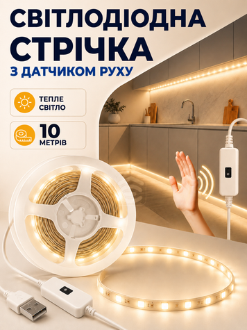 Світлодіодна LED стрічка з датчиком руху USB самоклеюча, тепле біле світло для кухні, шафи, сходів 10 м (LEDH-010M) фото