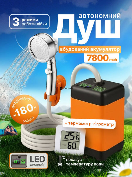 7800 mAh - Автономний похідний переносний душ з вбудованим акумулятором та датчиком температури (SHOWER-7200T) фото 7800 mAh - Автономний похідний переносний душ з вбудованим акумулятором та датчиком температури (SHOWER-7200T) фото