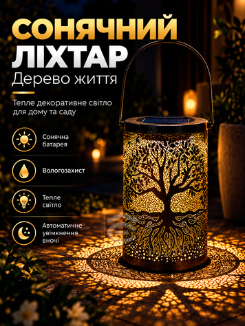 Сонячний декоративний ліхтар садовий &ldquo;Дерево життя&rdquo; з теплим світлом і ручкою 18&times;10 см, чорний (Lig-3) фото