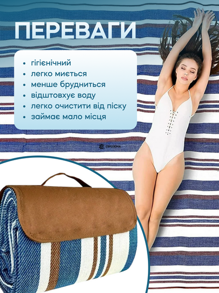 Килимок водонепроникний для пікніка та пляжу з ручкою 150x200 см (KILIM-152.4x203.2-BLUE) фото