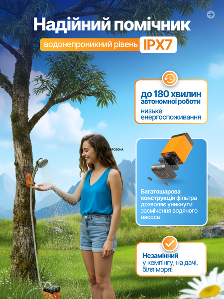7800 mAh - Автономный переносной душ со встроенным аккумулятором и датчиком температуры (SHOWER-7200T2) фото