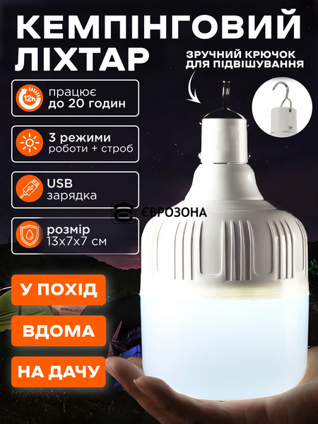 200W 3200 mAh - LED-лампа туристическая кемпинговая аккумуляторная с подвесом до 20 часов свечения (KEMP-200W-2400) фото